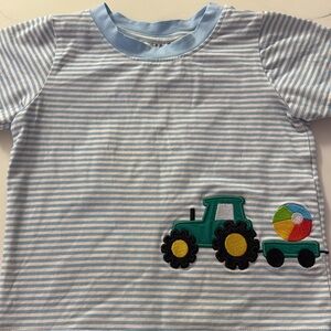 Striped Blue Kids Tee with Tractor Design
